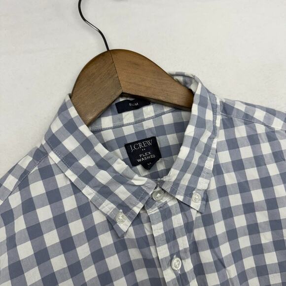 J Crew Shirt men's Medium Gray White Gingham Check Plaid Flex Washed Slim NEW - Picture 1 of 8